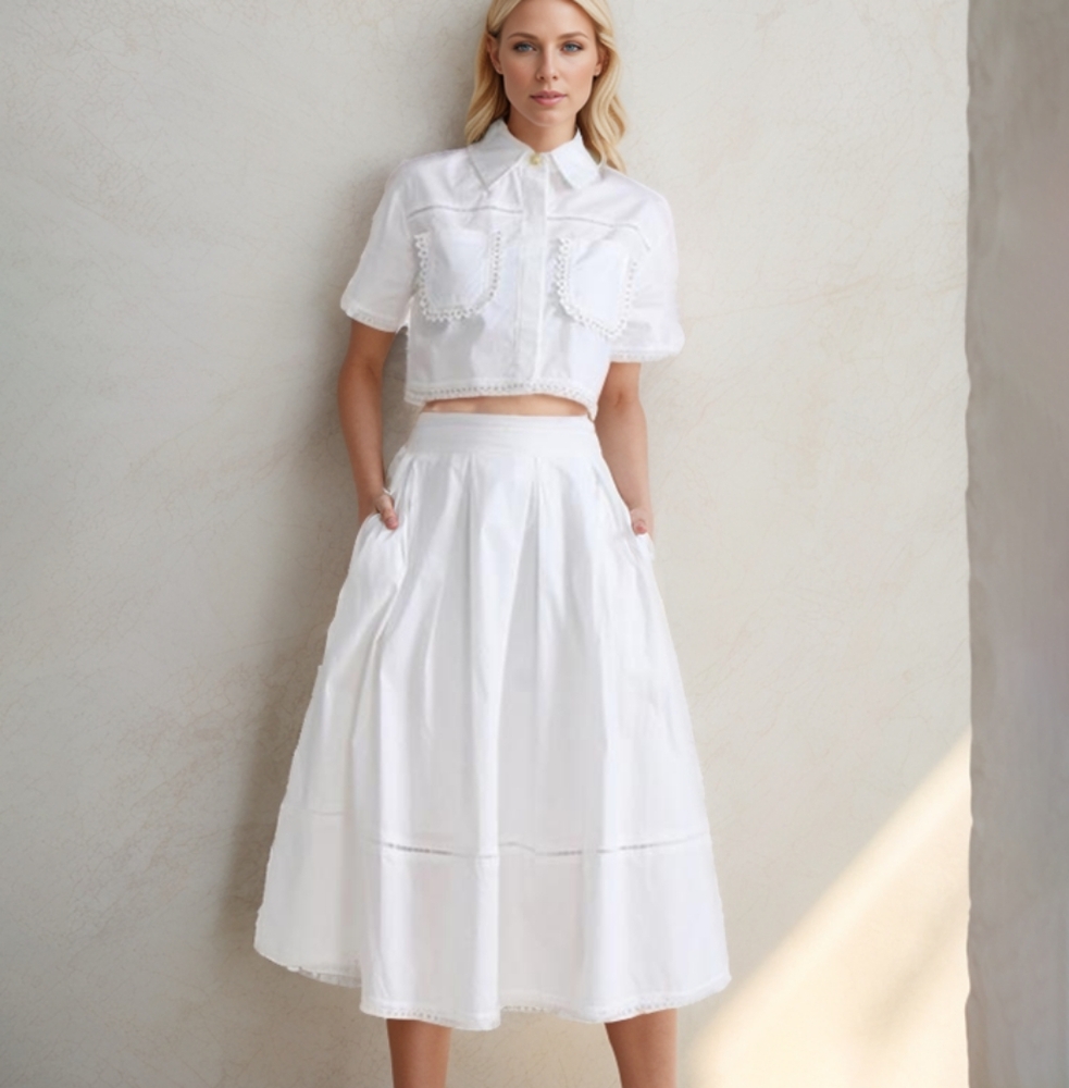 Casual Slim Two Piece Sets For Women Lapel Short Sleeve Top High Waist